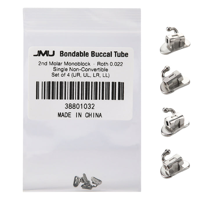 JMU 2nd Molar Buccal Tubes Roth/MBT 0.018/0.022 Single Non-Convertible Monoblock Bondable Set of 4(UR,UL,LR,LL)