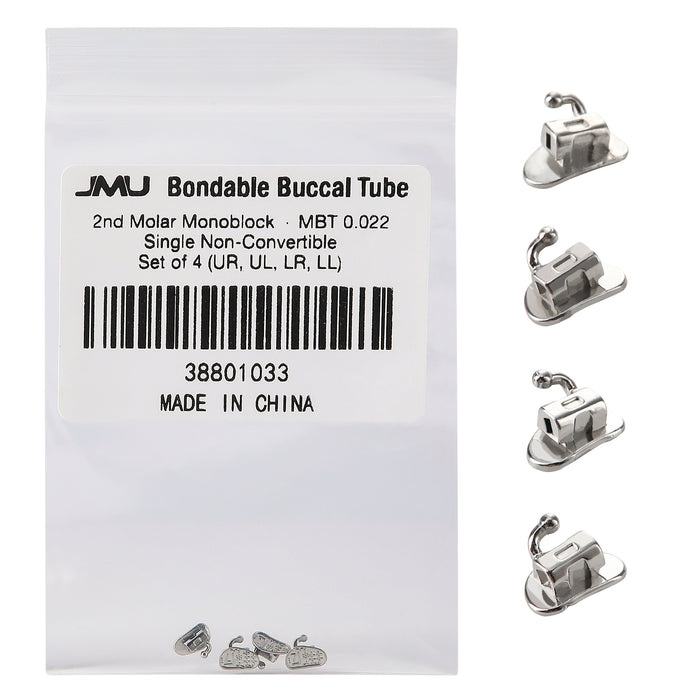 JMU 2nd Molar Buccal Tubes Roth/MBT 0.018/0.022 Single Non-Convertible Monoblock Bondable Set of 4(UR,UL,LR,LL)