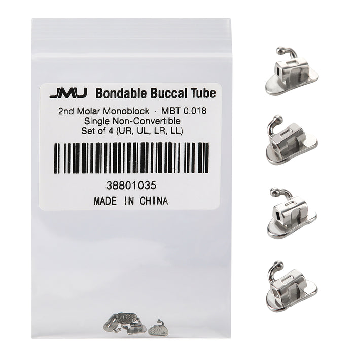 JMU 2nd Molar Buccal Tubes Roth/MBT 0.018/0.022 Single Non-Convertible Monoblock Bondable Set of 4 - JMU DENTAL INC