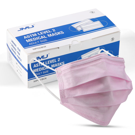 JMU Disposable Medical Face Masks 3-Ply ASTM Level 2 Adult Size Pink 50Pcs/Box