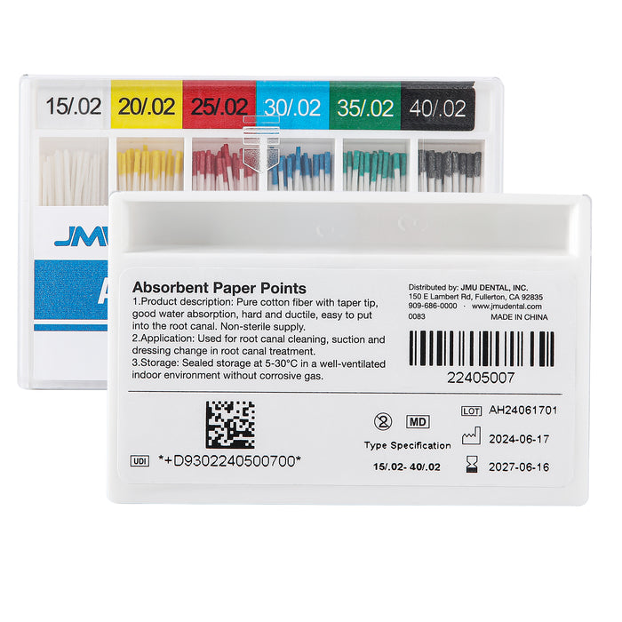 JMU Absorbent Paper Points Taper Size 0.02 #15-40 Assorted Color-coded 200pcs/Pack