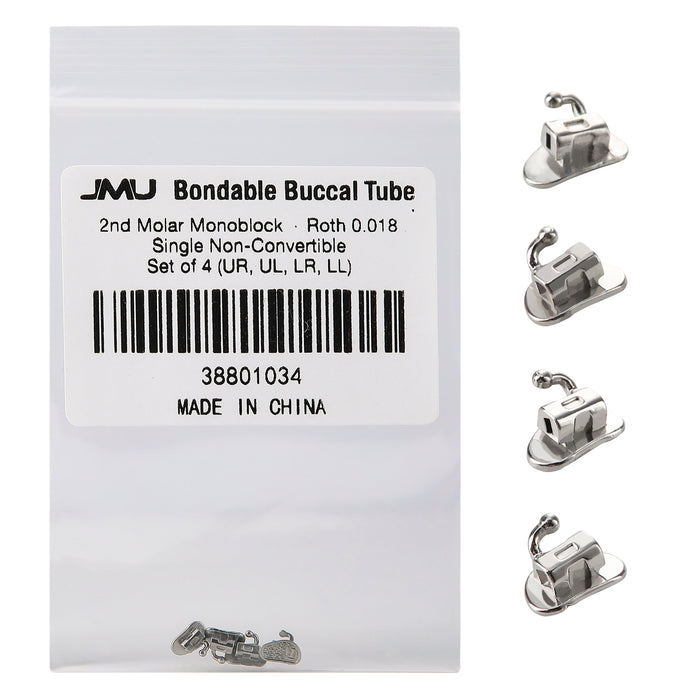 JMU 2nd Molar Buccal Tubes Roth/MBT 0.018/0.022 Single Non-Convertible Monoblock Bondable Set of 4 - JMU DENTAL INC