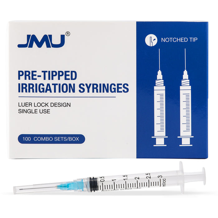 JMU Dental Irrigation Syringes and Tips 3 cc 4 Models Luer Lock Design Notched Type 100Pcs/Box - JMU DENTAL INC