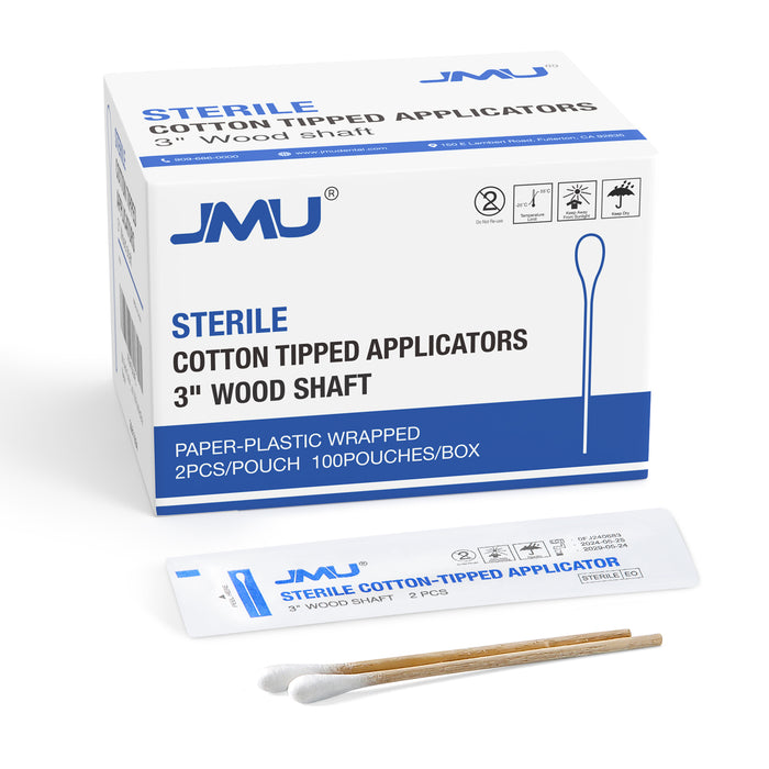 JMU Disposable Sterile 3" Cotton Swab Tipped Applicator 200pcs/Box