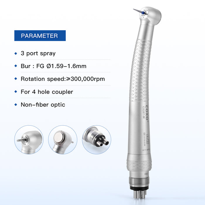 COXO CX207-W High-speed Air Turbine Handpiece, ³300,000rpm, Standard Head, 3-port spray, (equipped with coupler, handpiece fits into W&H or COXO 229-B 4-hole coupler) #H17-SPQ4