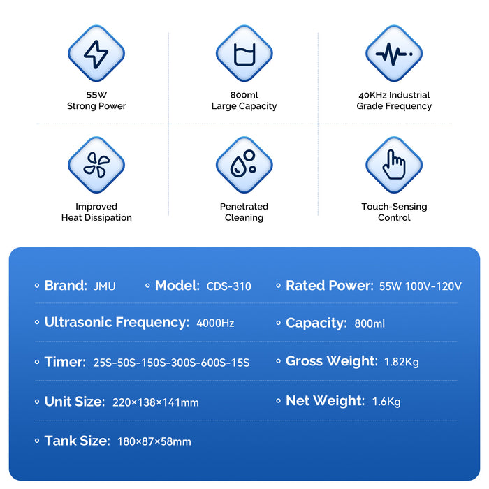 JMU Ultrasonic Cleaner 800ML Fast Cleaning Machine Black/White - JMU DENTAL INC