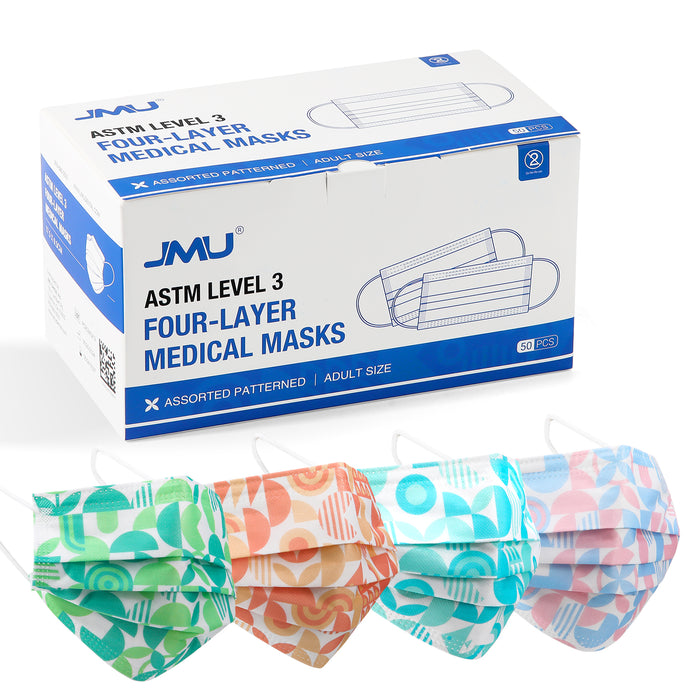 JMU Disposable Medical Face Masks 4-Ply ASTM Level 3 for Adults 4 Assorted Patterned 50pcs/box