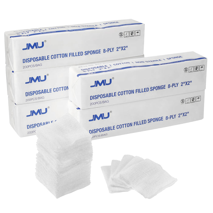 JMU Gauze Pads Cotton Filled Sponge 8-Ply 2"x2" Non Sterile 1000Pcs - JMU DENTAL INC