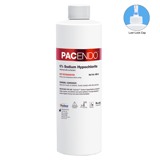 PacEndo 6% Sodium Hypochlorite Refill Bottle 480 ml/16 oz with 1 x Luer-Lock Dispensing Cap - JMU DENTAL INC