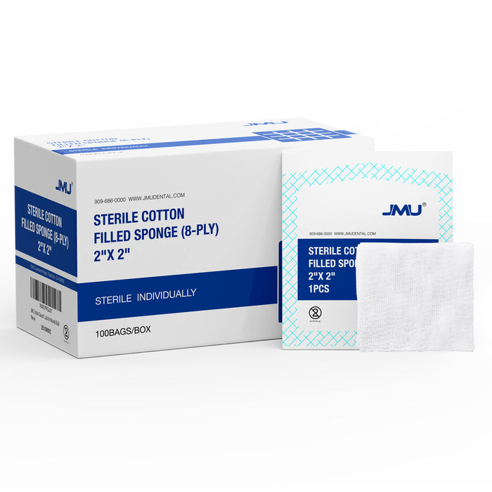 JMU Gauze Pads Cotton Filled Sponge 8-Ply 3 Sizes Sterile 100Pcs/Box - JMU DENTAL INC