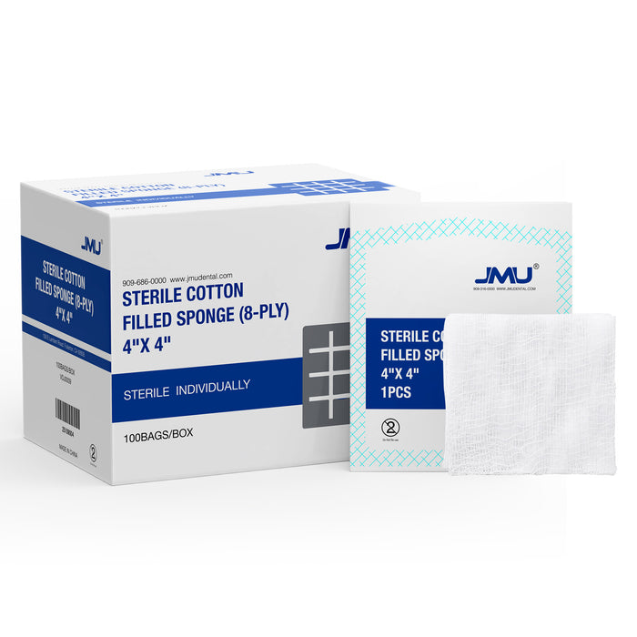 JMU Gauze Pads Cotton Filled Sponge 8-Ply 3 Sizes Sterile 100Pcs/Box - JMU DENTAL INC