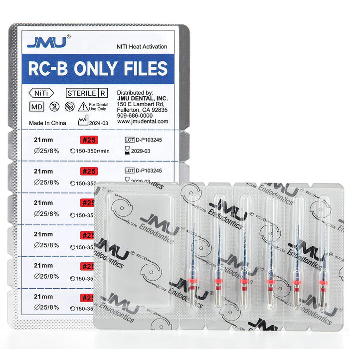 JMU NITI ROTARY FILES, RC-B ONLY FILES, #25(21mm), Sterilized Packing, 6pcs/Pk, (BLUE) - JMU Dental
