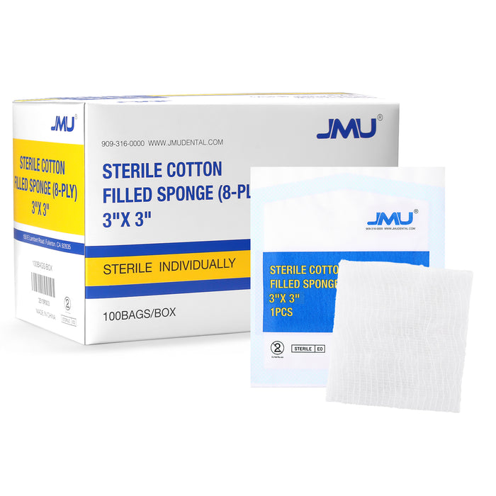 JMU Gauze Pads Cotton Filled Sponge 8-Ply 3"x3" Sterile 100Pcs/Box - JMU DENTAL INC