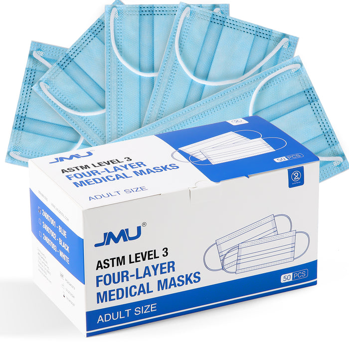 JMU Disposable Medical Face Masks 4-Ply ASTM Level 3 for Adults Blue/Black/White 50pcs/box