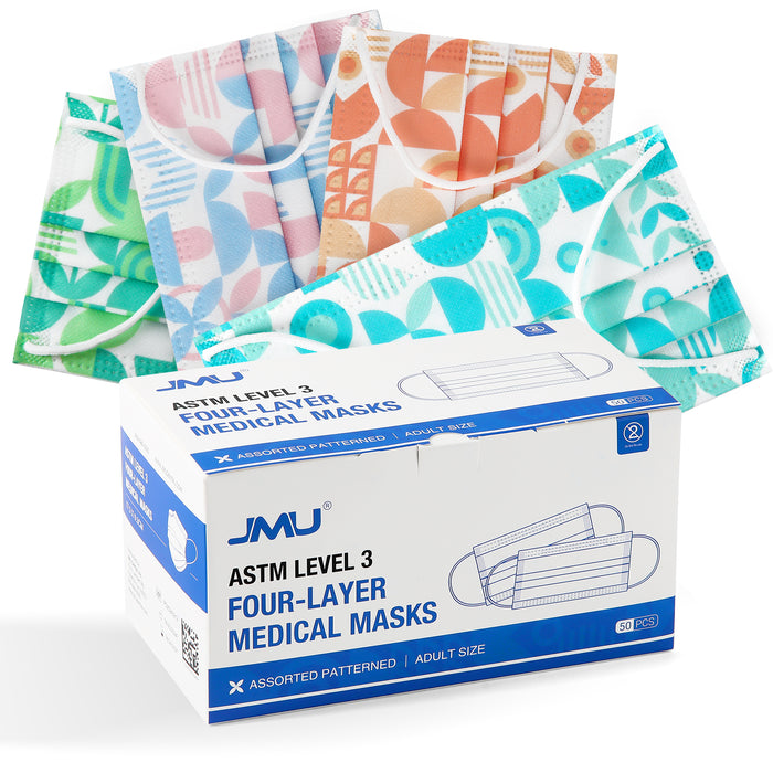 JMU Disposable Medical Face Masks 4-Ply ASTM Level 3 for Adults 4 Assorted Patterned 50pcs/box