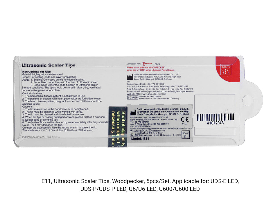 Woodpecker E11 Ultrasonic Scaler Tips 5pcs/Set- jmudental.com