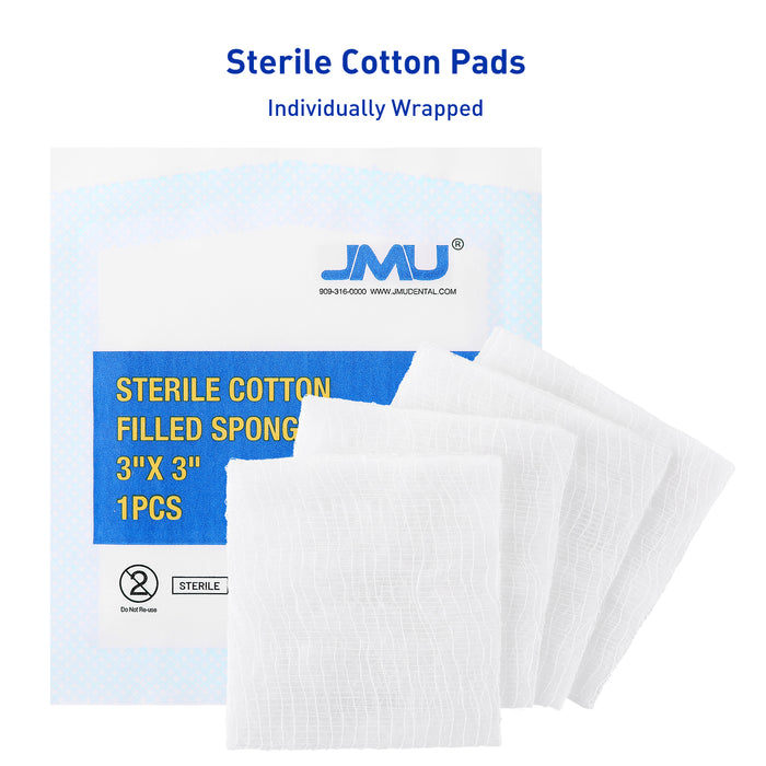 JMU Gauze Pads Cotton Filled Sponge 8-Ply 3 Sizes Sterile 100Pcs/Box - JMU DENTAL INC