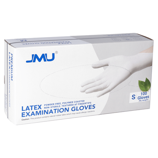 Box of JMU latex examinatiooves labeled "Latex Examination Gloves." Tn glhe box specifies the gloves are powder-free, polymer-coasted, non-sterile, and textured at the fingertips. It contains 100 gloves of size "S" and features an image of a hand wearing a glove on the front.