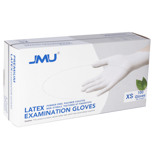 Box of JMU latex examination gloves labeled "Latex Examination Gloves." The box specifies the gloves are powder-free, polymer-coasted, non-sterile, and textured at the fingertips. It contains 100 gloves of size "XS" and features an image of a hand wearing a glove on the front.