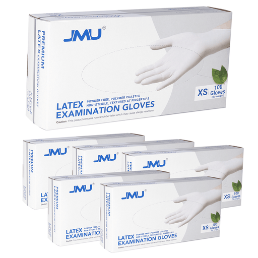 Image showing multiple boxes of JMU latex examination gloves. The main box at the top is labeled "Latex Examination Gloves" with details like "Powder Free, Polymer Coated, Non-Sterile, Textured at Fingertips," and contains 100 gloves, size "XS." Below, five smaller boxes are clustered. The packaging is white with blue text and features an image of a gloved hand.