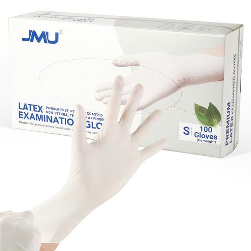 JMU Premium Latex Examination Gloves Polymer Coasted Powder-free White 100Pcs/Box - JMU DENTAL INC