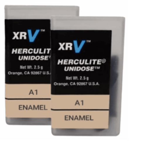 Close shot of dental composite refills. The brand name shows Kerr's Herculite™ XRV Unidose Refills ENAMEL A1, 20 Unidose Tips (0.25 g delivered per Tip)