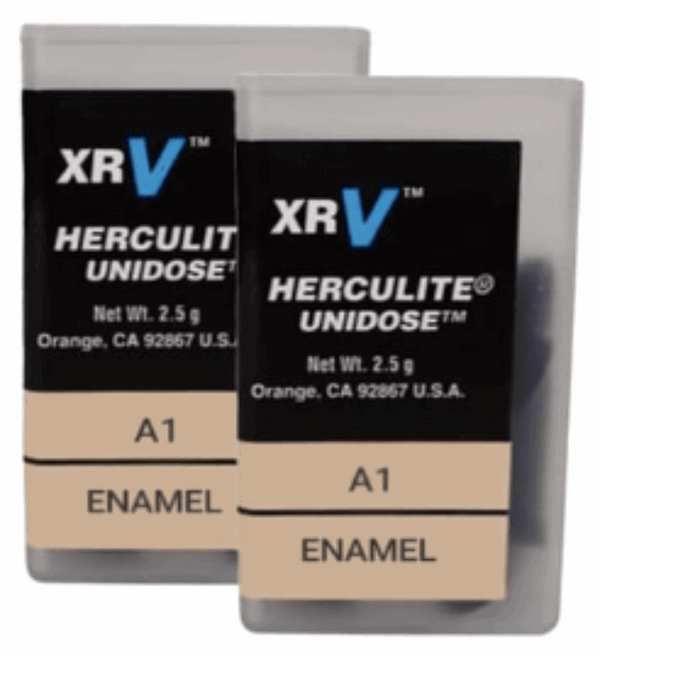 Close shot of dental composite refills. The brand name shows Kerr's Herculite™ XRV Unidose Refills ENAMEL A1, 20 Unidose Tips (0.25 g delivered per Tip)