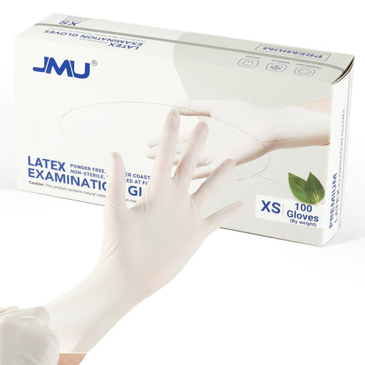 JMU Premium Latex Examination Gloves Polymer Coasted Powder-free White 100Pcs/Box - JMU DENTAL INC