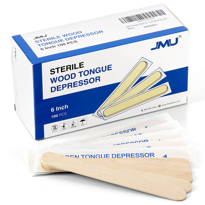 JMU Disposable Wooden Tongue Depressors Sterile 6 Inch - JMU DENTAL INC