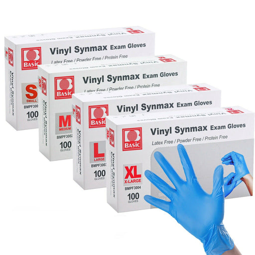 BASIC Disposable Vinyl Synmax Exam Gloves Blue 100/Box - JMU DENTAL INC