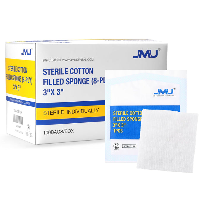 JMU Gauze Pads Cotton Filled Sponge 8-Ply 3"x3" Sterile 100/Box - JMU DENTAL INC