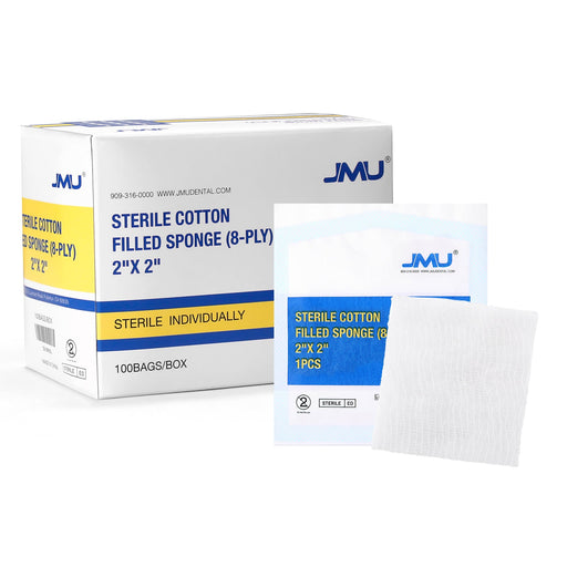 JMU Gauze Pads Cotton Filled Sponge 8-Ply 2"x2" Sterile 100/Box - JMU DENTAL INC