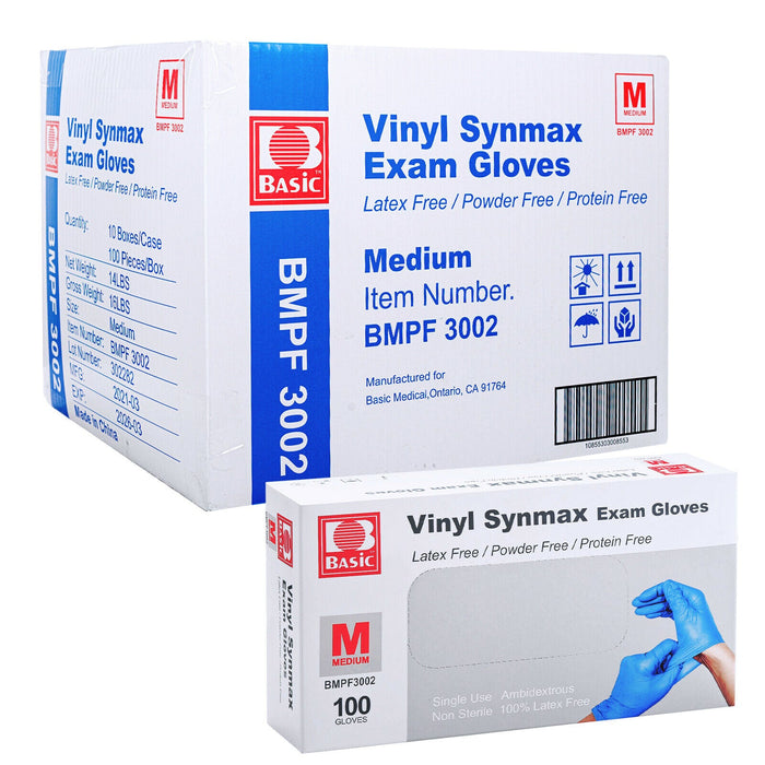 BASIC Disposable Vinyl Synmax Exam Gloves Blue S/M/L/XL 1000/Case - JMU DENTAL INC